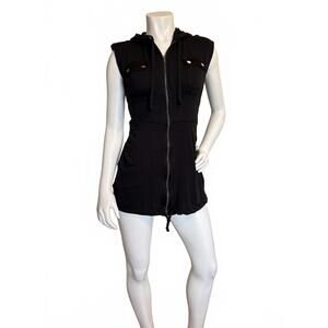 Noblita Women’s XS Black Sleeveless Hoodie Mini Dress Zip Front Drawstring Hem